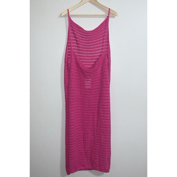 Crochet Knit Long Spaghetti Straps Fuchsia Pink Bathing Suit Coverup Size L/XL - Picture 7 of 15